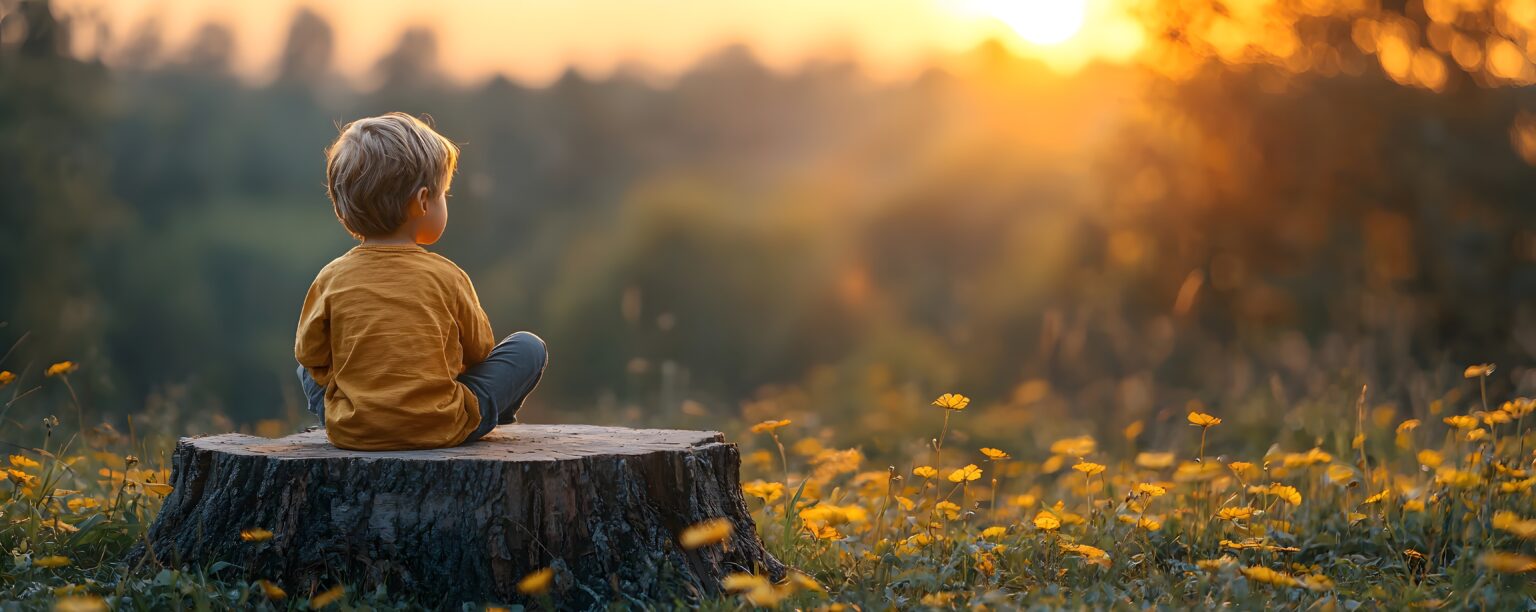 Junge sitzt auf Baumstamm in Natur -KidScents® Refresh – Sanfte Frische für Wohlfühlmomente