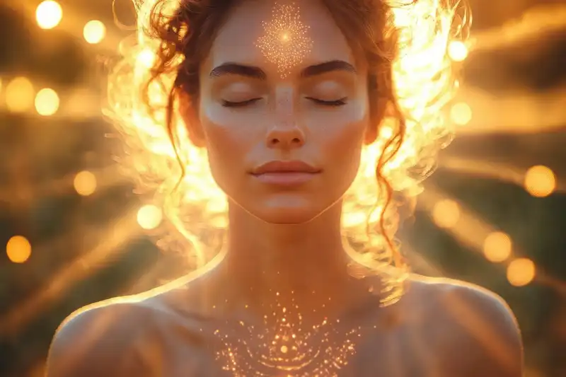 Frau mit geschlossenen Augen, im Hintergrund leuchtendes Licht