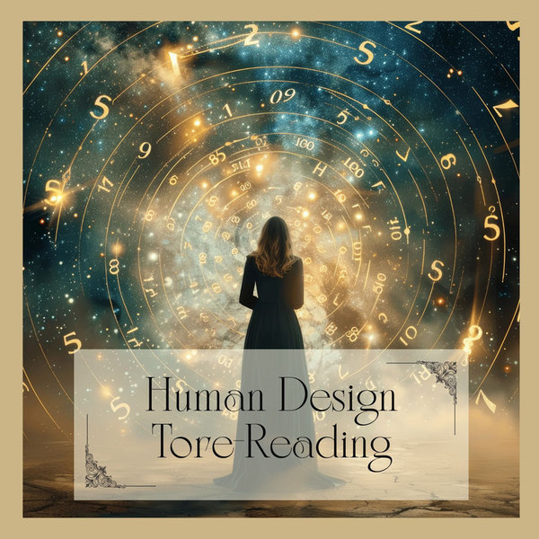 Rückansicht einer Person vor einem leuchtenden, kreisförmigen Sternen- und Zahlensymbol mit dem Schriftzug „Human Design Tore-Reading“