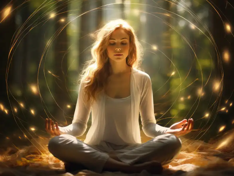 Meditierende Frau im Wald - Symbol für innere Mitte mit Vetiver
