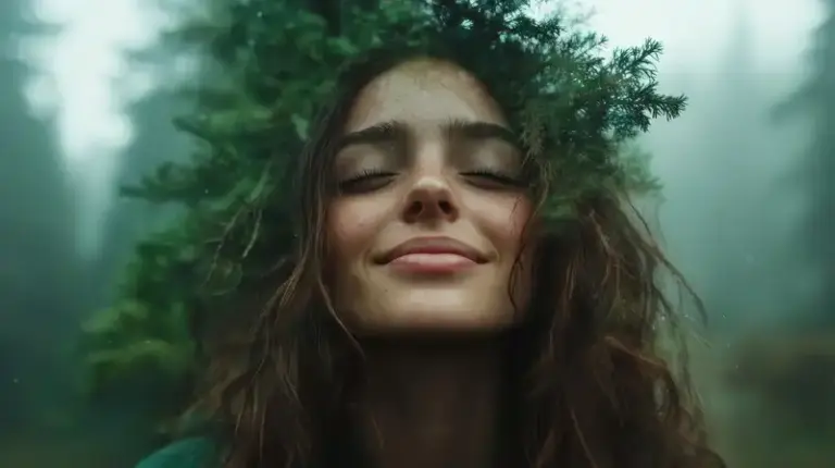 Glückliche Frau mit geschlossenen Augen in Naturverbindung - Achtsamkeit als Weg zu Dir selbst