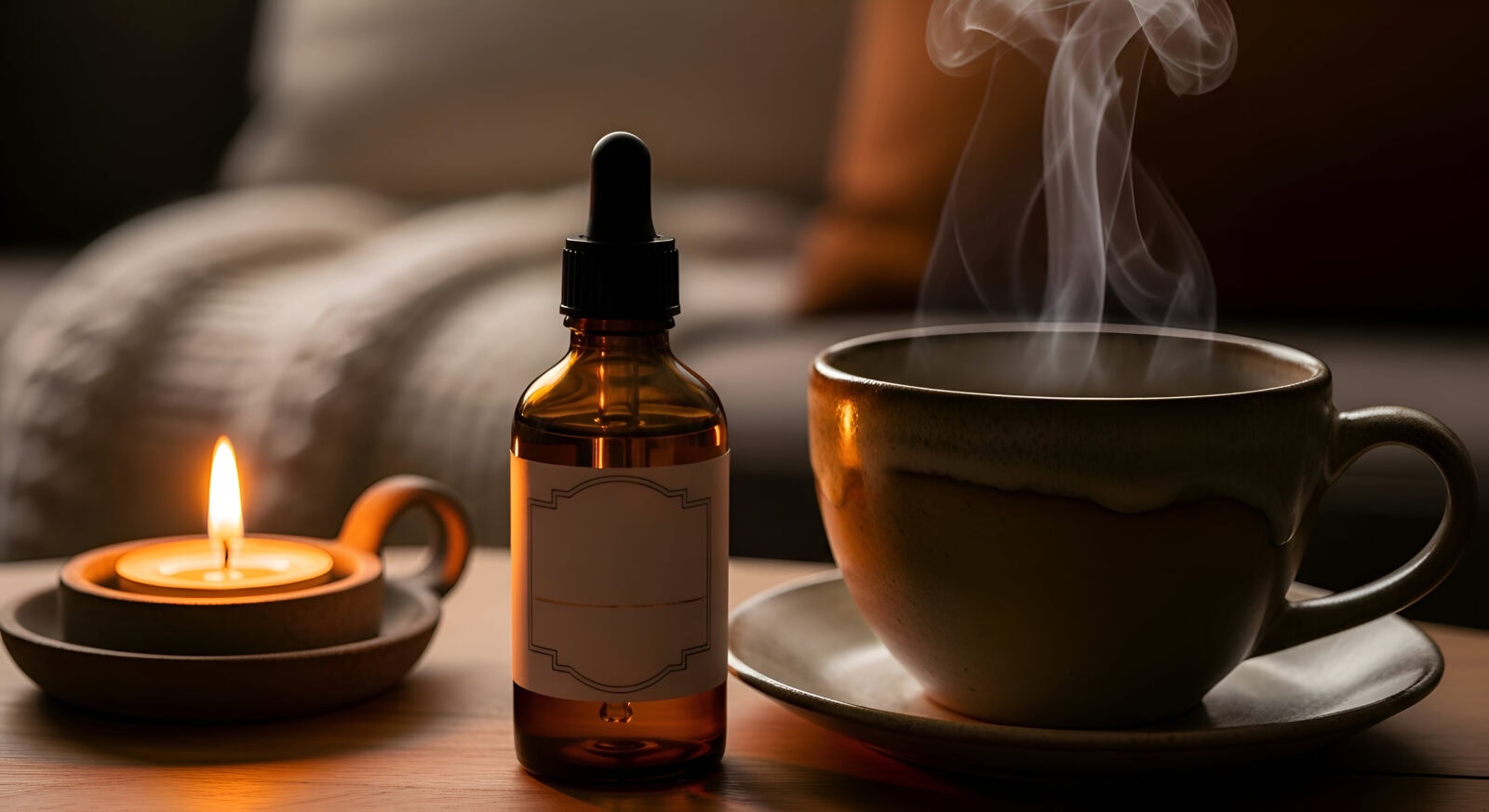 Momente der Achtsamketi und des Rückzugs mit einer gemütlichen Tasse Tee und ätherischem Öl