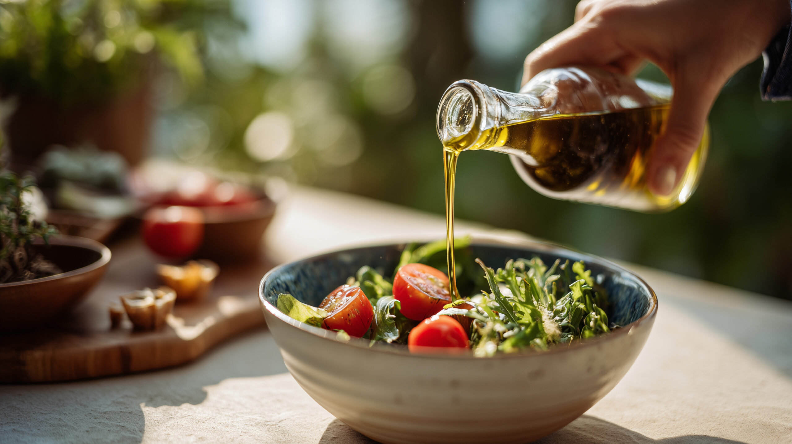 Olive oil being poured from a bottle into a salad bowl with lettuce, tomatoes, and herbs on a wooden table in natural sunlight outdoors.