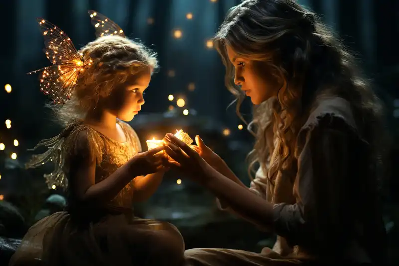 Mutter und kleine Tochter halten ein Licht in den Händen