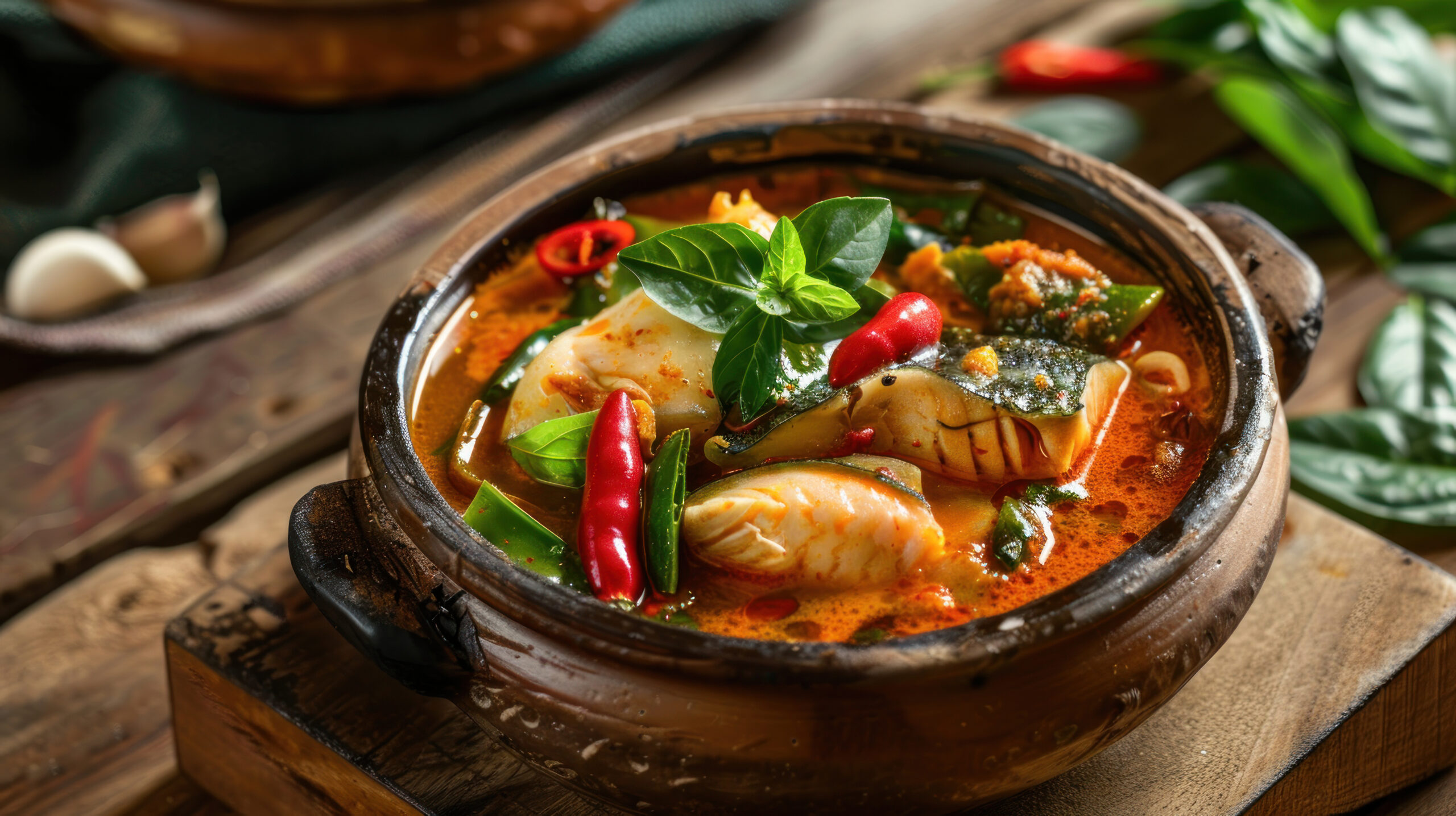 a bowl of Gaeng Som (Thai sour curry) served in a clay pot on a wooden table, filled with tangy tamarind broth, fish, vegetables, and aromatic herbs, offering a refreshing and flavorful taste of Thailand.