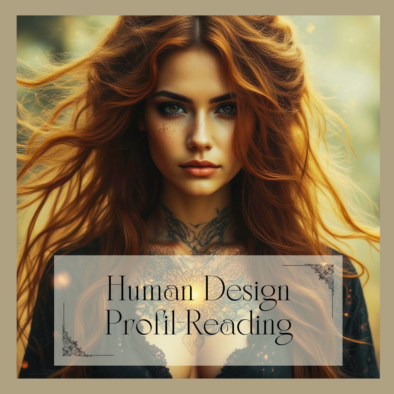 orträt einer Frau in warmen Naturtönen mit dem Schriftzug „Human Design Profil-Reading“