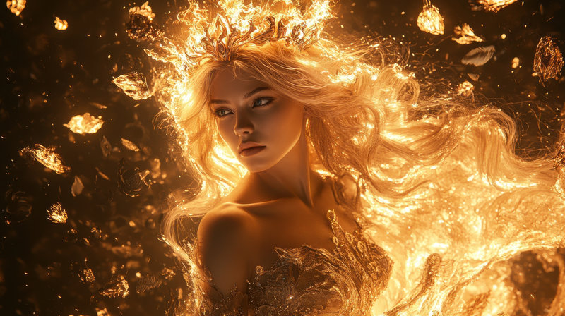 leuchtende junge Frau mit Krone in goldenem Licht als Zeichen für Abundance