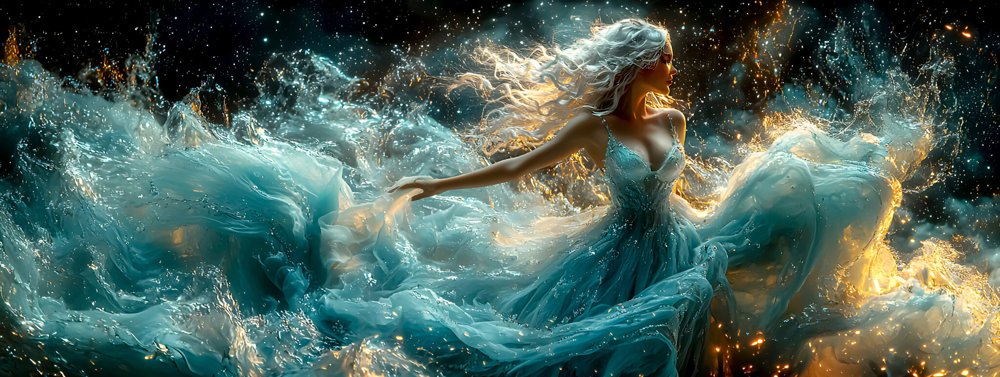 Woman with long white hair in the wind. Horoscope, Virgo