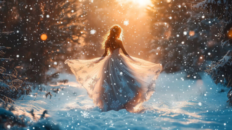 Frau in langem Kleid läuft durch den winterlichen Wald