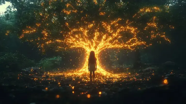 Ein leuchtender mit Wurzelenergie durchfluteter Baum steht für die Wurzelenergie von Vetiver