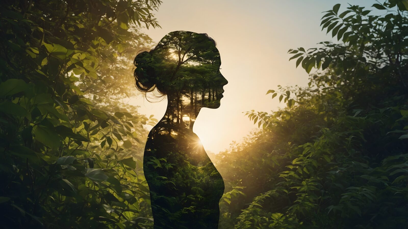 Frau durchdrungen von Natur als Sinnbild für die Wirkung von ätherischen Ölen auf Körper, Geist und Seele