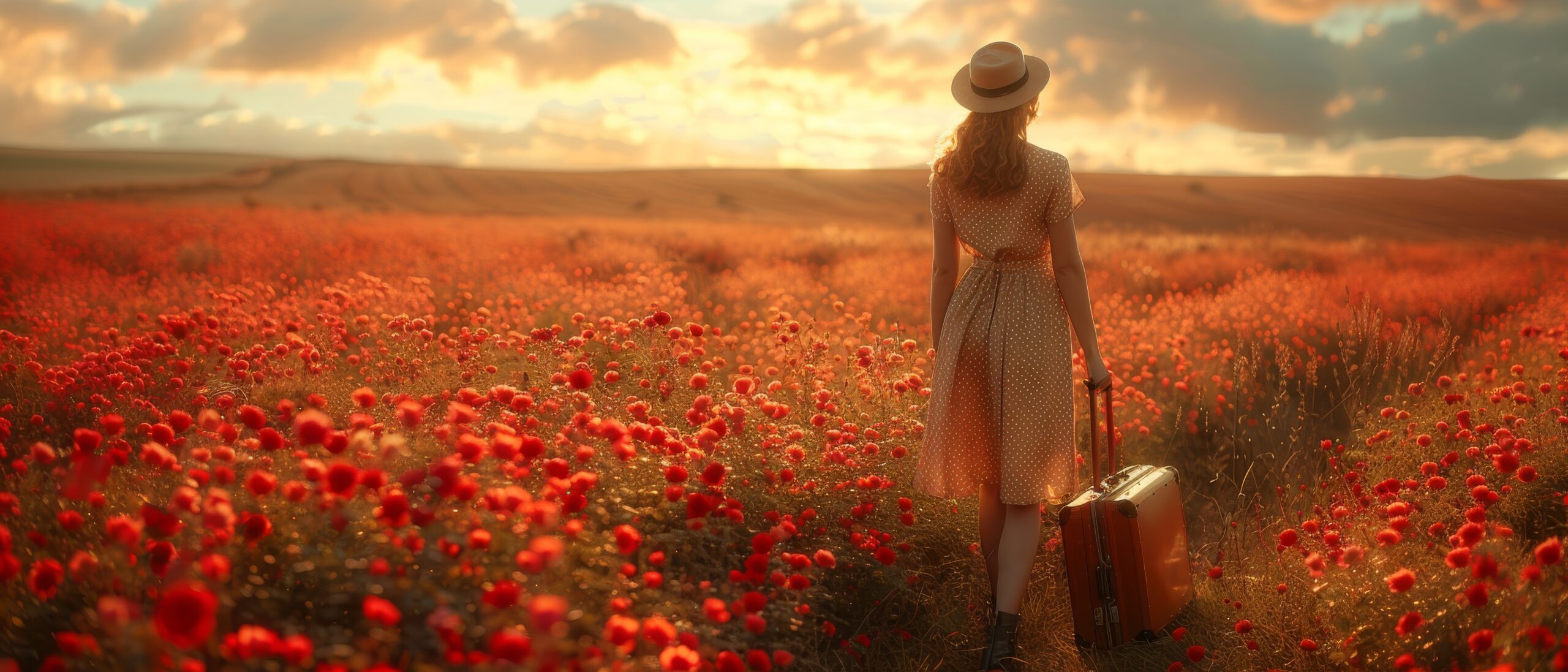 Young redhead woman with polka dot dress and hat and luggage walking along a rose field path to mystical glow. Idyllic tranquil fantasy scene.