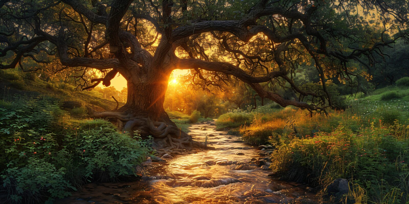 magical sunset forest with a ancient oak tree and a stream beside the path