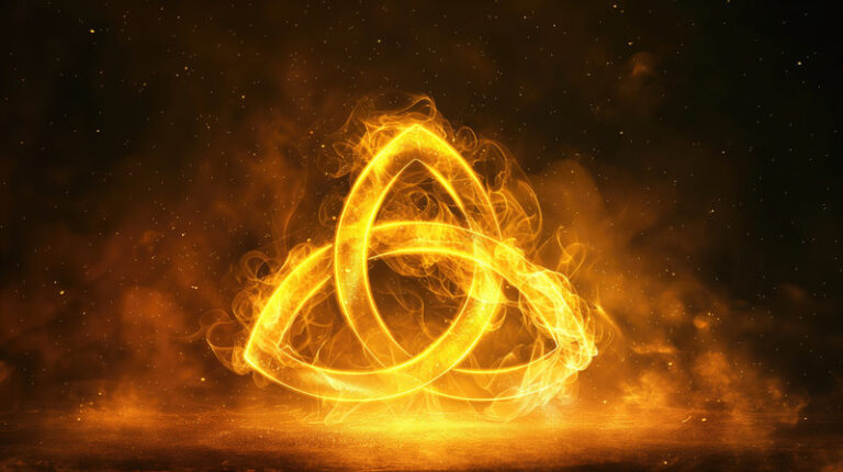 Glowing intricate golden triquetra symbol amidst a smoky, starry backdrop. Mystical, spiritual, and fantasy art, magic and energy concepts.