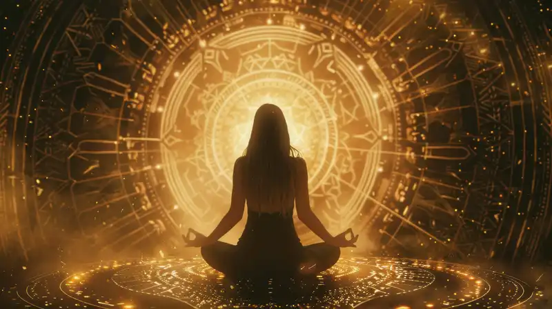 Eine Frau sitzt meditierend vor einer leuchtenden Sternenlandkarte – der Landkarte des Human Desing