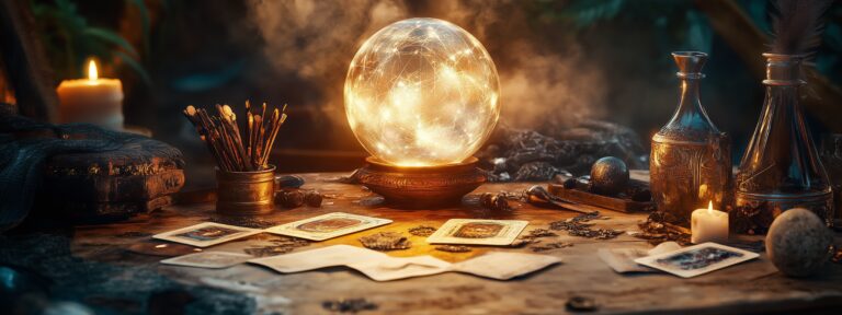 A mystical crystal ball surrounded by candles and tarot cards on a wooden table in a dimly lit magical setting