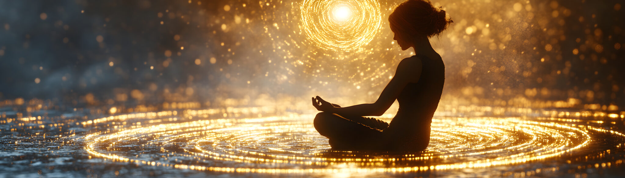 A woman is sitting in a circle of water with a glowing orb in the background. Concept of peace and tranquility, as the woman is meditating