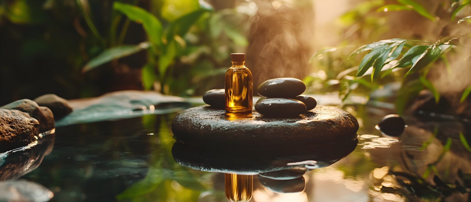 Ein stilles Gewässer mit Steinen und einer Flasche ätherischen Öls für innere Ruhe und Gelassenheit
