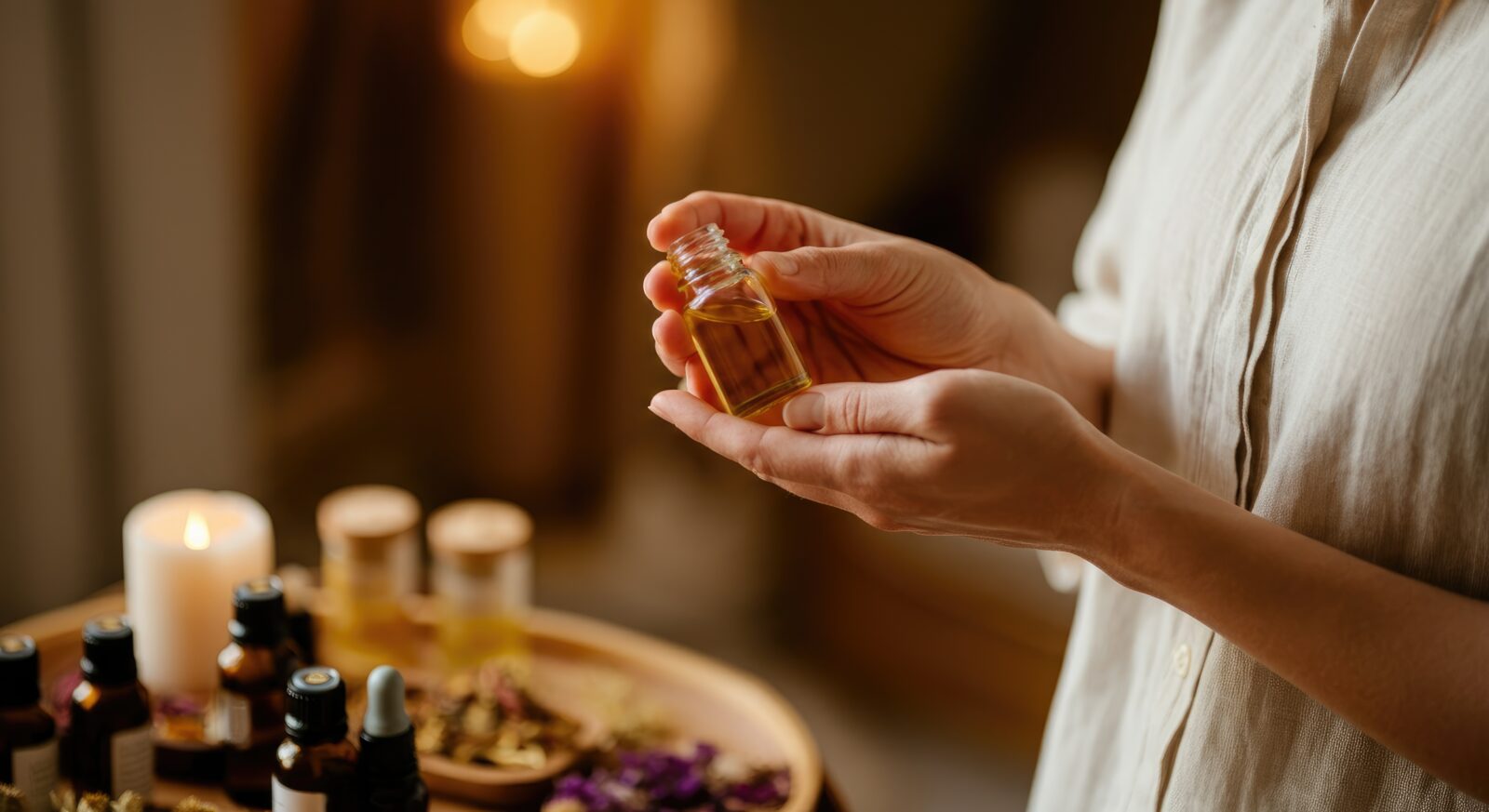 Ätherisches Öl in den Händen