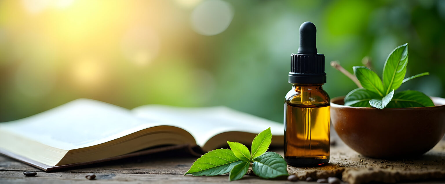 Offenes Buch und ätherisches Öl für Frische und Klarheit