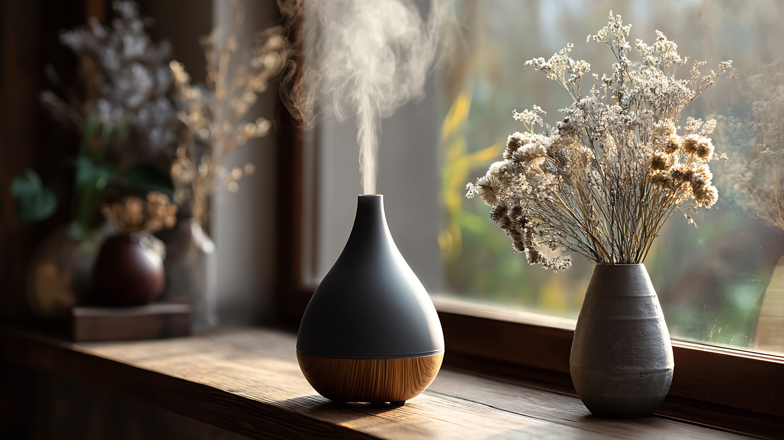 Ätherische Öle für sanfte Klarheit und Ruhe im Raum mit einem Diffuser vernebelt