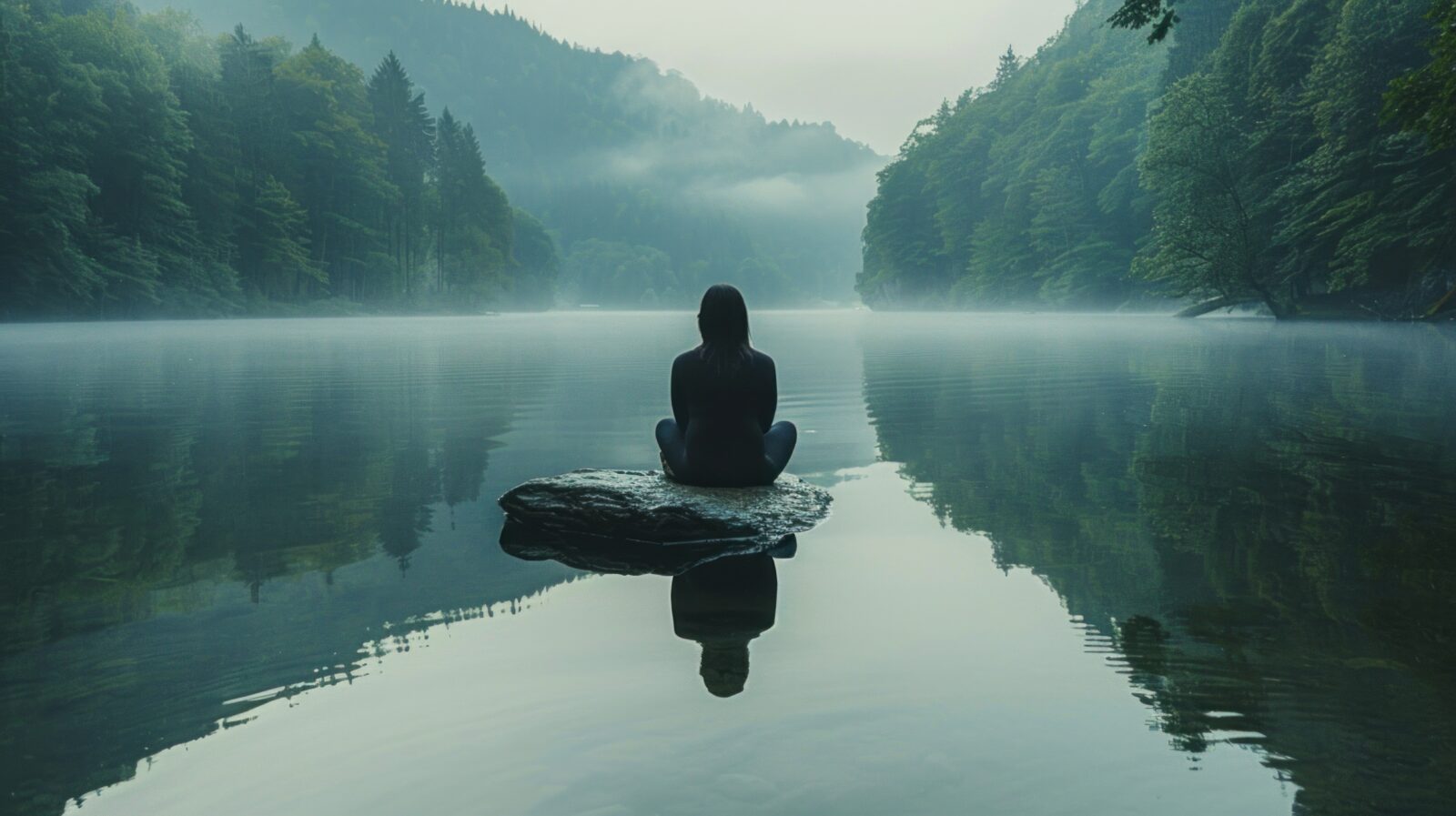 Frau-sitzt-auf-einem-Stein-im-Wasser-und-blickt-in-die-Natur