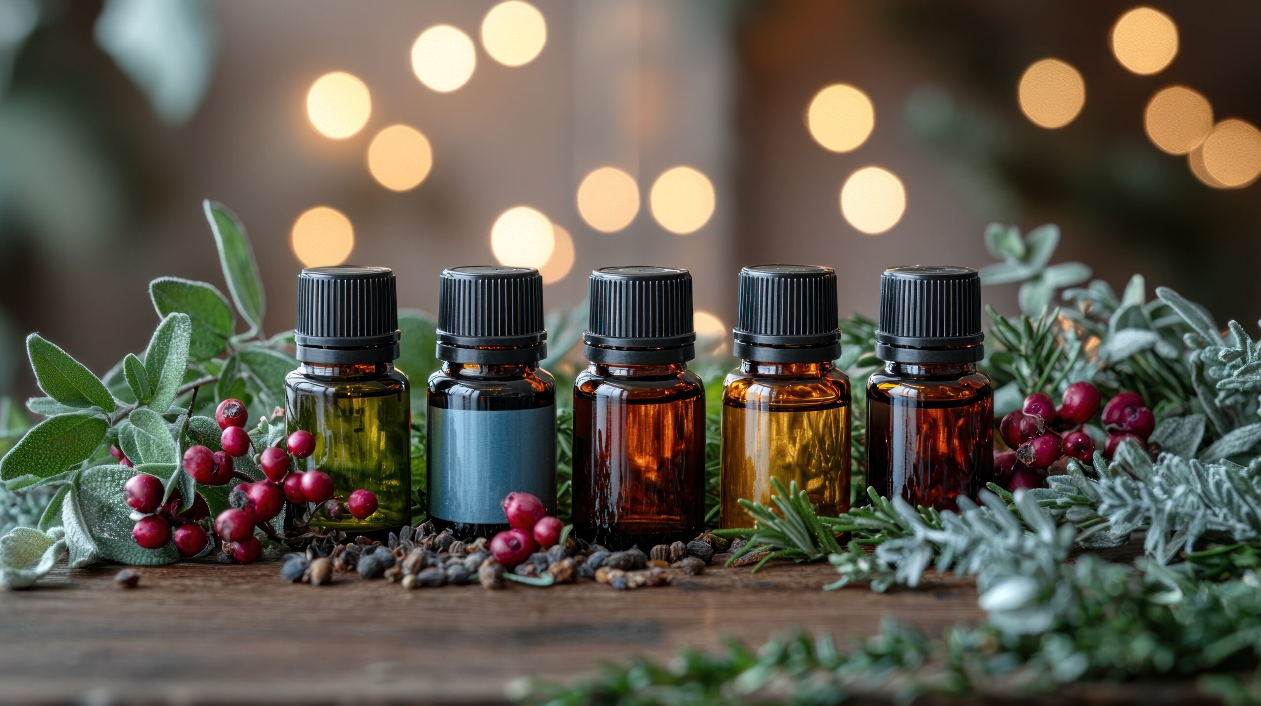 Fünf ätherische Ölflaschen in unterschiedlicher Farbe für die 5 Typen im Human Design