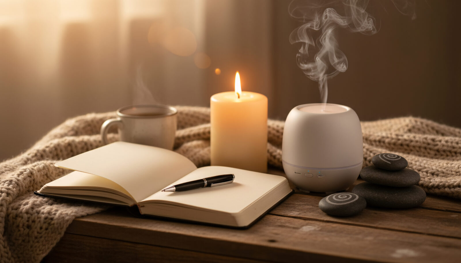 Buch mit Stift und leeren Seiten zum Journaln, mit Kerze, Diffuser auf einem Tisch