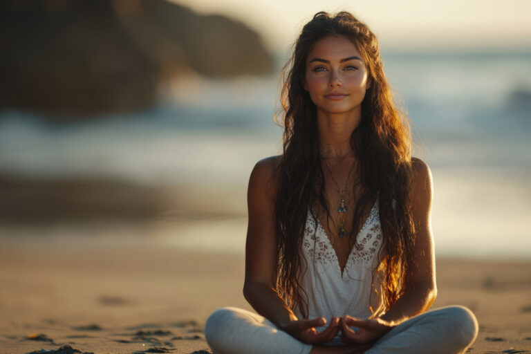 Selbstbewusste-geerdete-Frau-sitzt-meditierend-am-Strand - gelebte Spiritualität