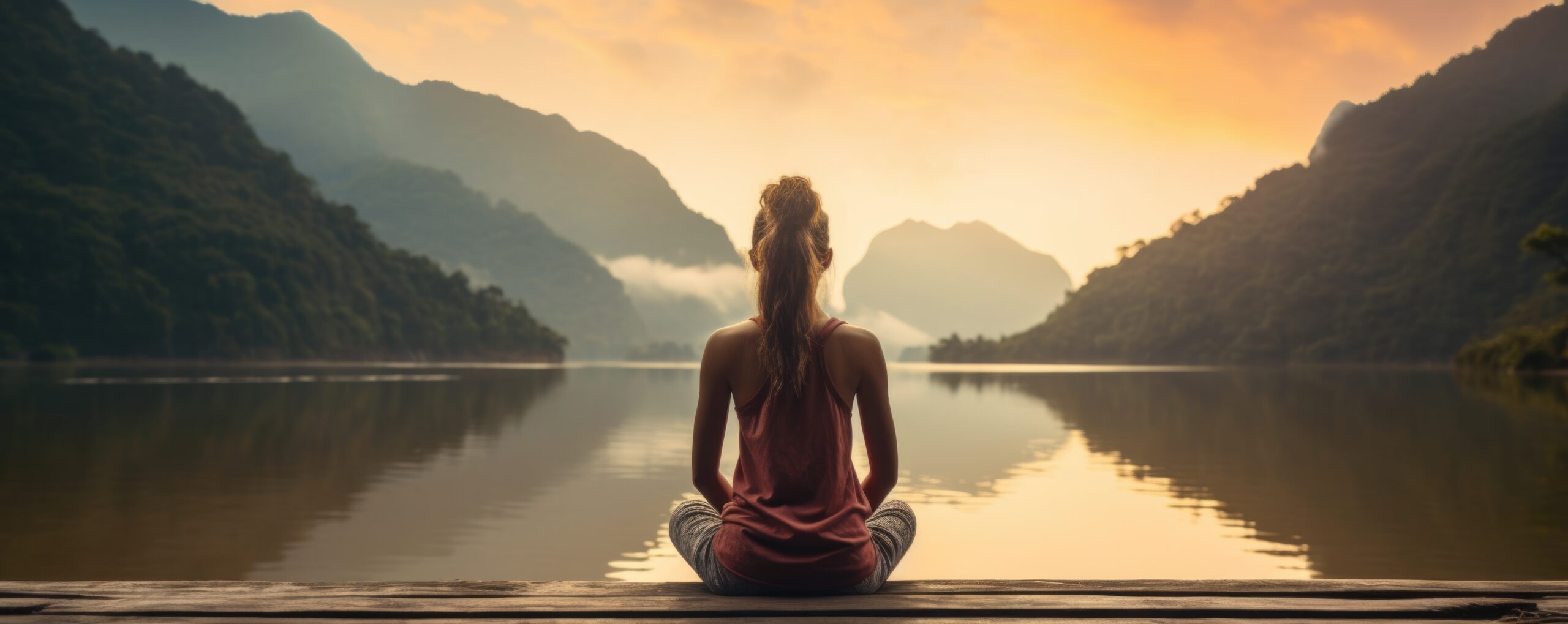 Meditierende Frau an einem offenen See - Symbol für Weitblick mit Wissen von Zukunfts-Impuls