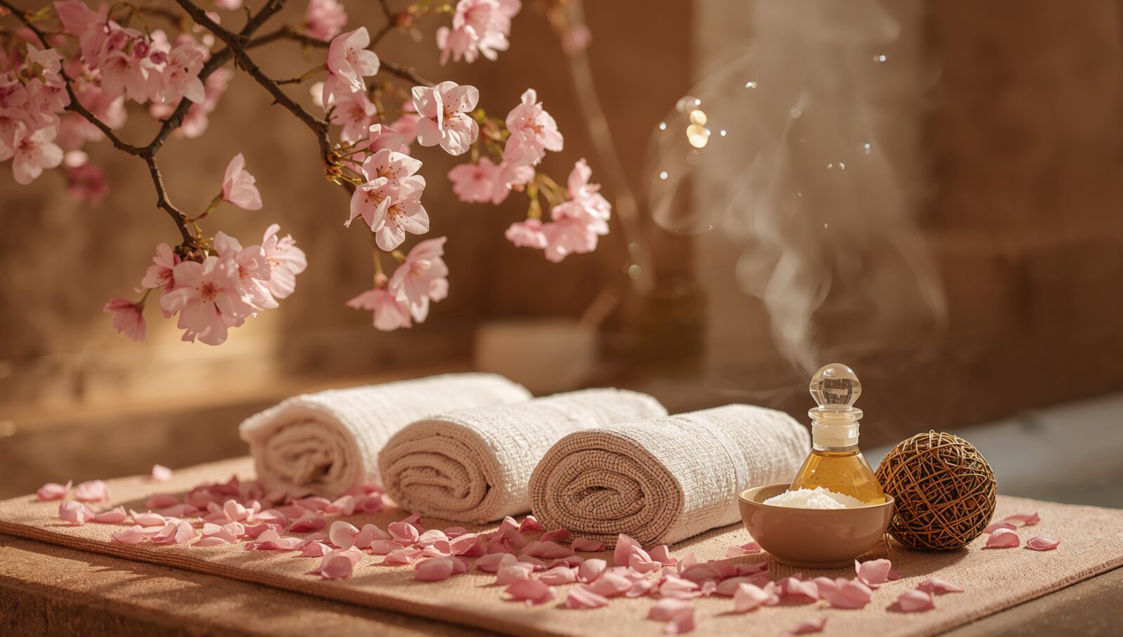 Duschtücher mit ätherischen Ölen in wohltuender Umgebung