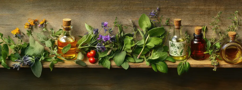Verschiedene Glasfläschchen mit ätherischen Ölen umgeben von frischen Kräutern wie Salbei und Lavendel auf einem Holzregal – Reine Naturkraft bei Zukunfts-Impuls.