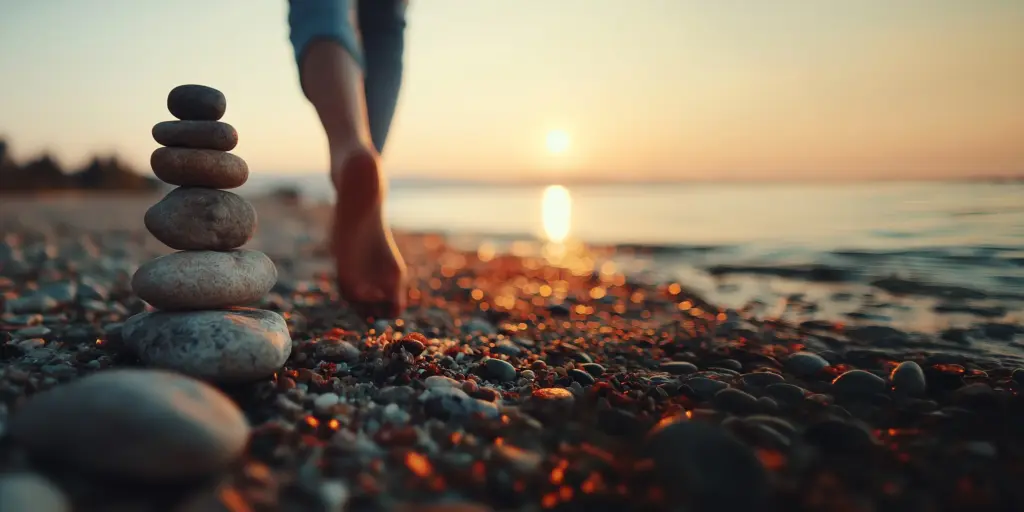 Ein sorgfältig aufgeschichteter Steinstapel am Ufer bei Sonnenuntergang – Symbole für Achtsamkeit, innere Ruhe und körperliche Balance bei Zukunfts-Impuls.