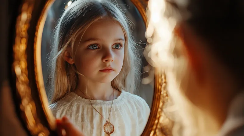 Ein kleines Mädchen blickt nachdenklich in einen prunkvollen goldenen Spiegel – Symbol für Selbsterkenntnis und Human Design Kinder-Readings bei Zukunfts-Impuls.