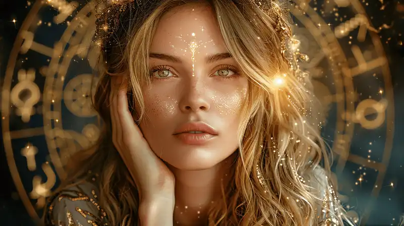 Porträt einer Frau mit goldenen Glitzer-Verzierungen im Gesicht vor einem leuchtenden astrologischen Rad – Symbol für Selbsterkenntnis und Human Design bei Zukunfts-Impuls.