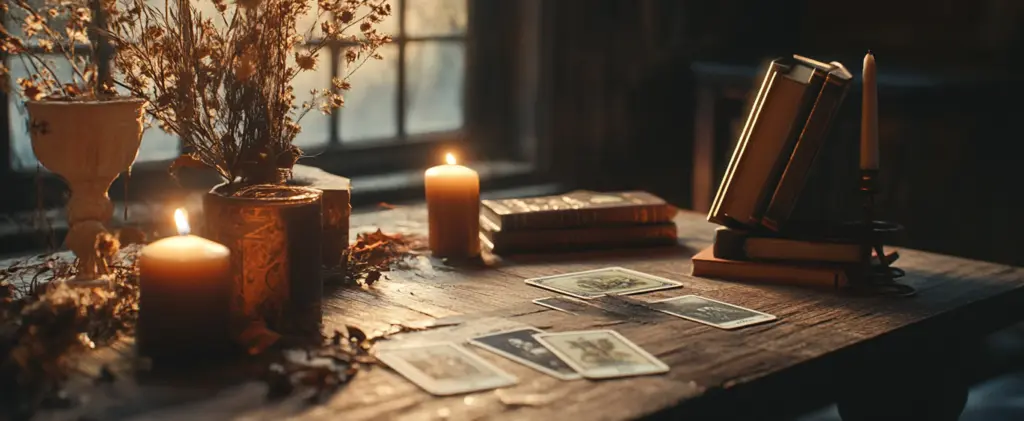 Verschiedene Orakelkarten liegen ausgebreitet auf einem Holztisch neben brennenden Kerzen und alten Büchern – Inspiration und intuitive Führung durch Kartensets bei Zukunfts-Impuls.