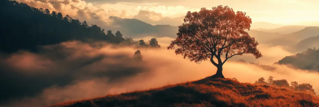 Ein einzelner, kräftiger Baum auf einem Hügel über einem nebligen Tal bei Sonnenaufgang – Symbol für emotionale Erdung, Schutz und Abgrenzung bei Zukunfts-Impuls.